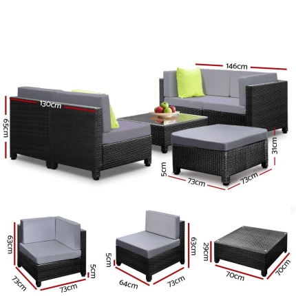 Gardeon 6pcs Outdoor Sofa Lounge Setting Couch Wicker Table Chairs Patio Furniture Black - Image 3