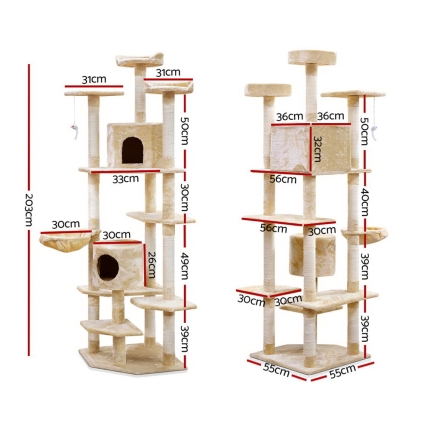 i.Pet Cat Tree 203cm Trees Scratching Post Scratcher Tower Condo House Furniture Wood Beige - Image 2