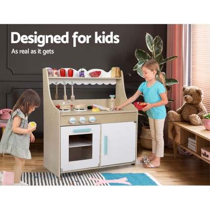 Keezi Kids Wooden Kitchen Play Set - Natural & White - Image 3