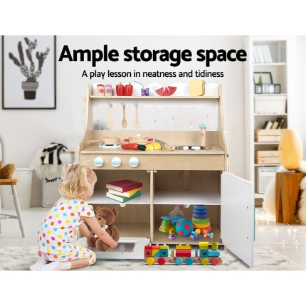 Keezi Kids Wooden Kitchen Play Set - Natural & White - Image 5