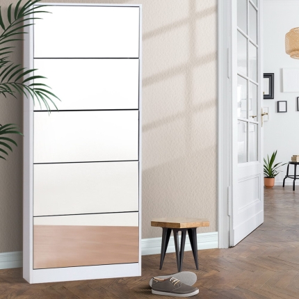 Artiss 5 Drawer Mirrored Wooden Shoe Cabinet - White - Image 7
