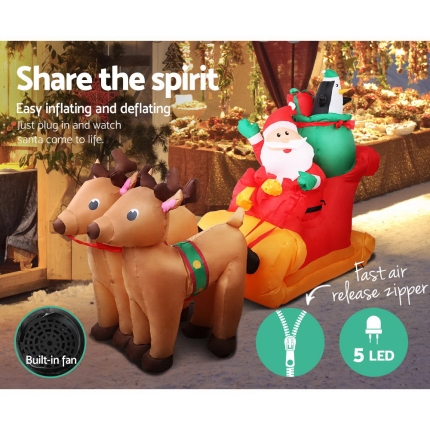 Jingle Jollys 2.2M Christmas Inflatable Santa Sleigh Ride Reindeer Deer Decor - Image 5