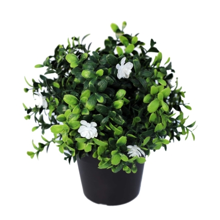 Small Potted Artificial Flowering Boxwood Plant UV Resistant 20cm - Image 2