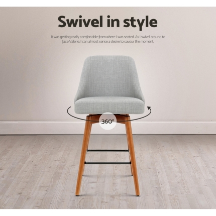 Artiss 2x Wooden Bar Stools Swivel Bar Stool Kitchen Cafe Fabric Light Grey - Image 6