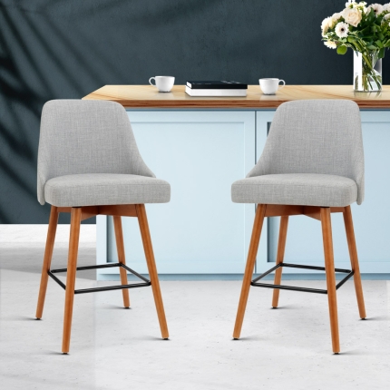 Artiss 2x Wooden Bar Stools Swivel Bar Stool Kitchen Cafe Fabric Light Grey - Image 7