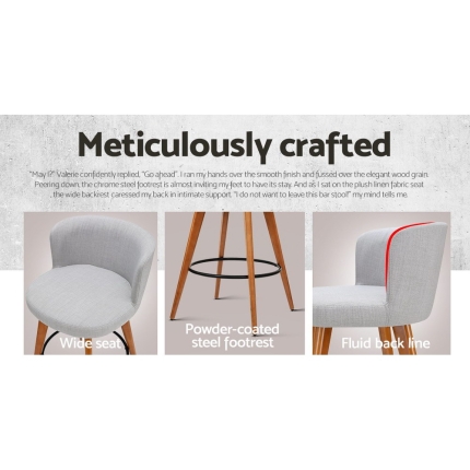 Artiss 2x Wooden Bar Stools Modern Bar Stool Kitchen Fabric Light Grey - Image 5