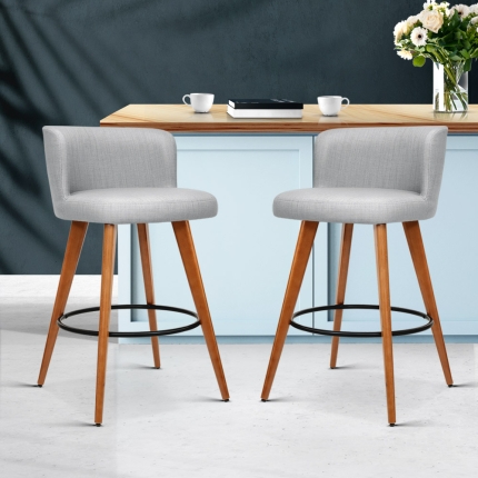 Artiss 2x Wooden Bar Stools Modern Bar Stool Kitchen Fabric Light Grey - Image 7