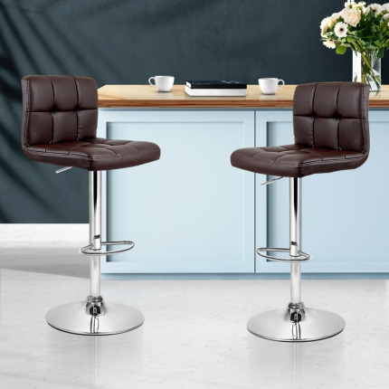 Artiss Set of 2 Gas Lift Bar Stools PU Leather - Chocolate Brown - Image 7