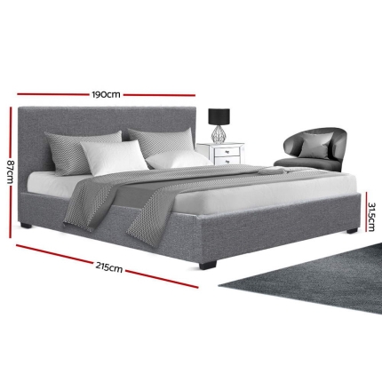 Artiss King Size Gas Lift Bed Frame Base With Storage Mattress Grey Fabric NINO - Image 2