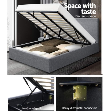 Artiss King Size Gas Lift Bed Frame Base With Storage Mattress Grey Fabric NINO - Image 4