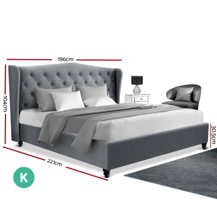 Artiss King Size Wooden Upholstered Bed Frame Headboard - Grey - Image 2