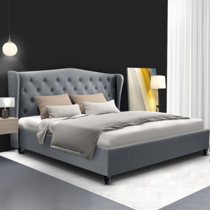 Artiss King Size Wooden Upholstered Bed Frame Headboard - Grey - Image 7