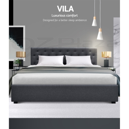 Artiss Vila Bed Frame Fabric Gas Lift Storage - Grey King - Image 4