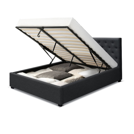 Artiss Queen Size Gas Lift Bed Frame Base With Storage Mattress Charcoal Fabric VILA - Image 3