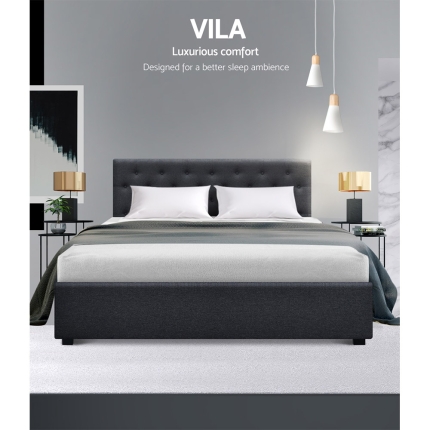 Artiss Queen Size Gas Lift Bed Frame Base With Storage Mattress Charcoal Fabric VILA - Image 4
