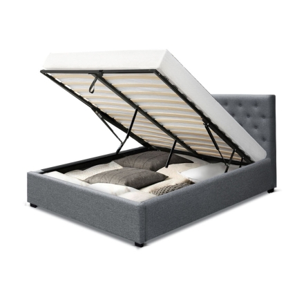 Artiss Vila Bed Frame Fabric Gas Lift Storage - Grey Queen - Image 3