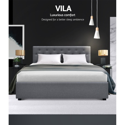 Artiss Vila Bed Frame Fabric Gas Lift Storage - Grey Queen - Image 4