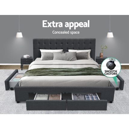 Artiss Queen Size Fabric Bed Frame Headboard with Drawers  - Charcoal - Image 4
