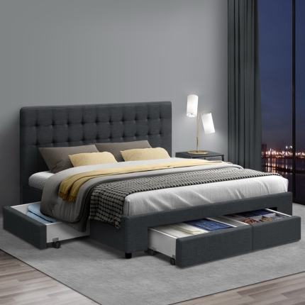 Artiss Queen Size Fabric Bed Frame Headboard with Drawers  - Charcoal - Image 7