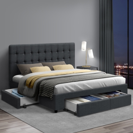 Artiss Queen Size Fabric Bed Frame Headboard with Drawers  - Charcoal - Image 8