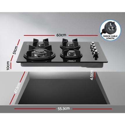 Devanti Gas Cooktop 60cm 4 Burner Glass Cook Top Cooker Stove Hob NG LPG Black - Image 2