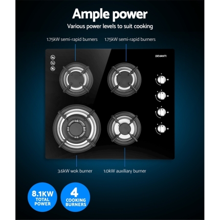 Devanti Gas Cooktop 60cm 4 Burner Glass Cook Top Cooker Stove Hob NG LPG Black - Image 5