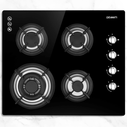 Devanti Gas Cooktop 60cm 4 Burner Glass Cook Top Cooker Stove Hob NG LPG Black - Image 7