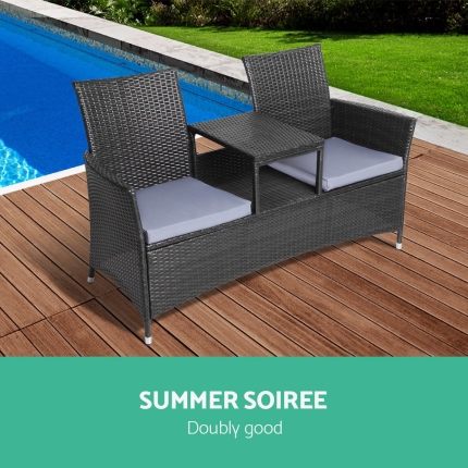 Gardeon 2 Seater Outdoor Wicker Bench - Black - Image 3