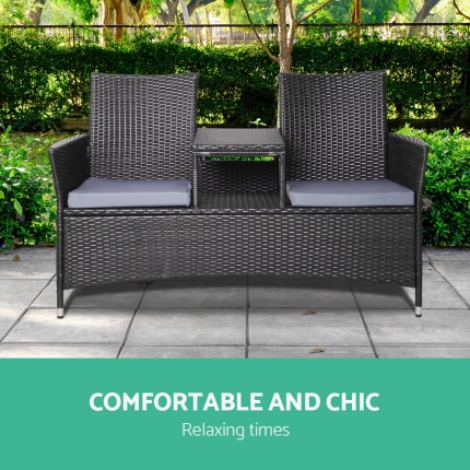 Gardeon 2 Seater Outdoor Wicker Bench - Black - Image 4