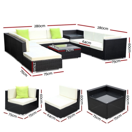 Gardeon 11PC Outdoor Furniture Sofa Set Wicker Garden Patio Lounge - Image 3
