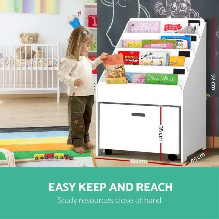 Keezi Kids Bookcase Childrens Bookshelf Organiser Storage Shelf Wooden White - Image 2