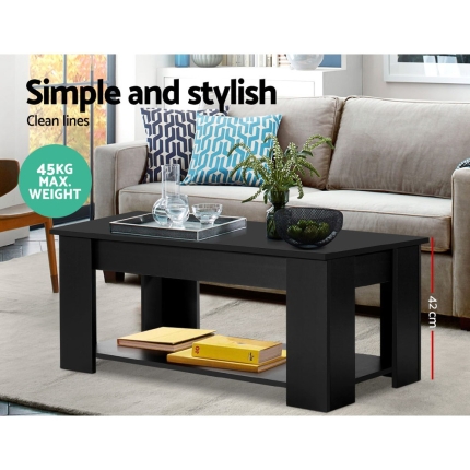 Artiss Lift Up Top Coffee Table Storage Shelf Black - Image 3