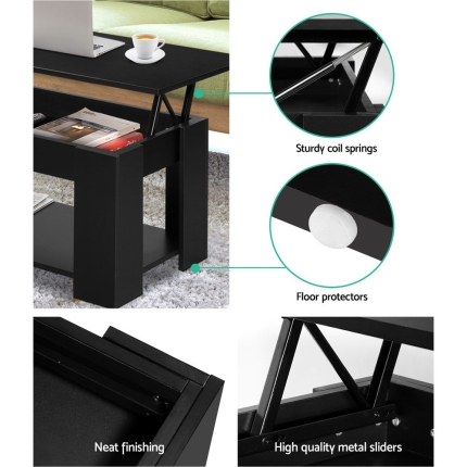 Artiss Lift Up Top Coffee Table Storage Shelf Black - Image 6