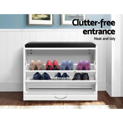 Artiss Shoe Cabinet Bench Shoes Storage Rack Organiser Drawer White 15 Pairs - Image 3