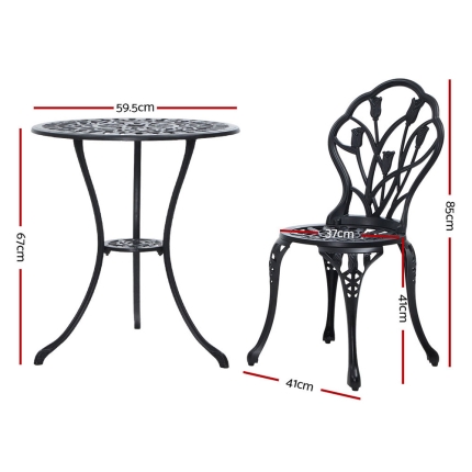 Gardeon 3PC Outdoor Setting Cast Aluminium Bistro Table Chair Patio Black - Image 2