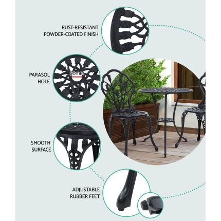 Gardeon 3PC Outdoor Setting Cast Aluminium Bistro Table Chair Patio Black - Image 3