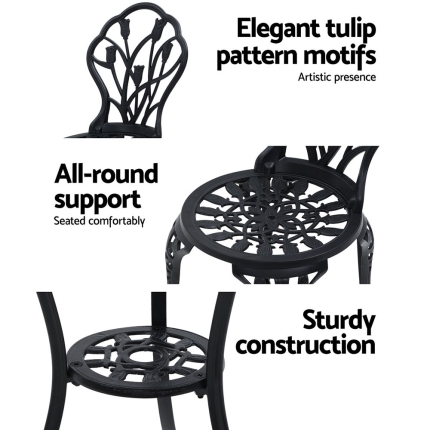 Gardeon 3PC Outdoor Setting Cast Aluminium Bistro Table Chair Patio Black - Image 4