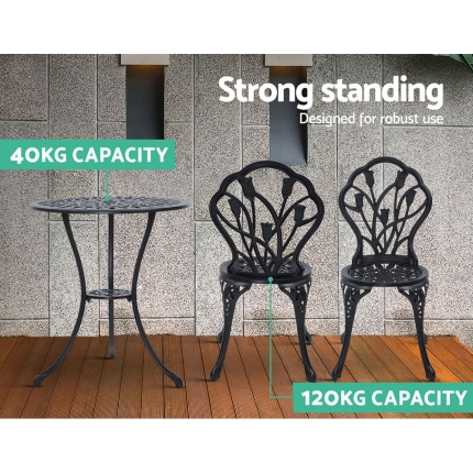 Gardeon 3PC Outdoor Setting Cast Aluminium Bistro Table Chair Patio Black - Image 5