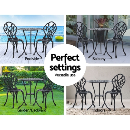 Gardeon 3PC Outdoor Setting Cast Aluminium Bistro Table Chair Patio Black - Image 6