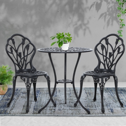 Gardeon 3PC Outdoor Setting Cast Aluminium Bistro Table Chair Patio Black - Image 7