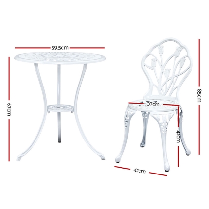 Gardeon 3PC Outdoor Setting Cast Aluminium Bistro Table Chair Patio White - Image 2