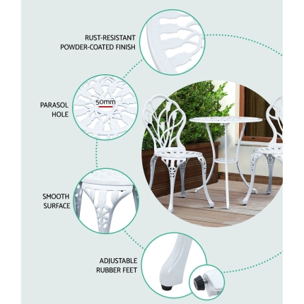 Gardeon 3PC Outdoor Setting Cast Aluminium Bistro Table Chair Patio White - Image 3