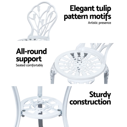 Gardeon 3PC Outdoor Setting Cast Aluminium Bistro Table Chair Patio White - Image 4