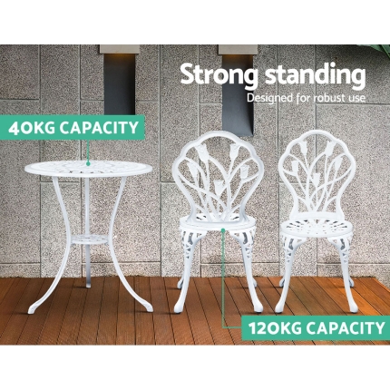 Gardeon 3PC Outdoor Setting Cast Aluminium Bistro Table Chair Patio White - Image 5