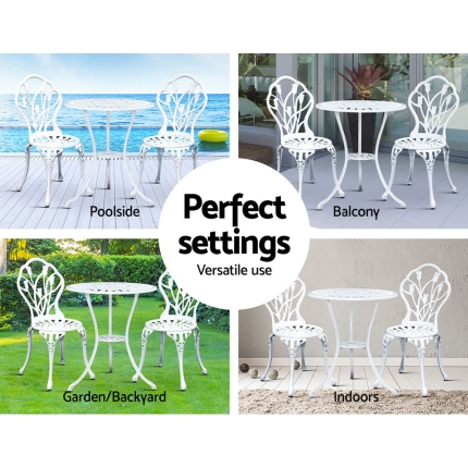 Gardeon 3PC Outdoor Setting Cast Aluminium Bistro Table Chair Patio White - Image 6