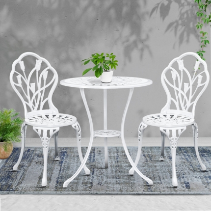 Gardeon 3PC Outdoor Setting Cast Aluminium Bistro Table Chair Patio White - Image 7