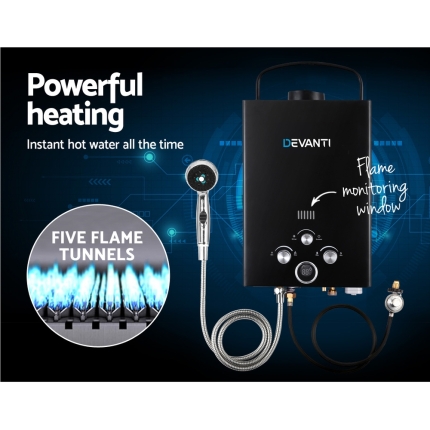 DEVANTi Portable Gas Water Heater Hot Shower Camping LPG Outdoor Instant 4WD Black - Image 5