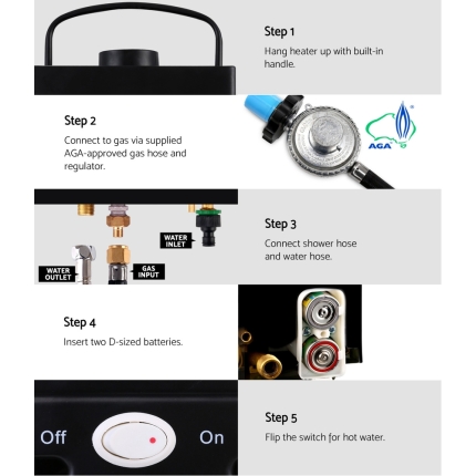 DEVANTi Portable Gas Water Heater Hot Shower Camping LPG Outdoor Instant 4WD Black - Image 6