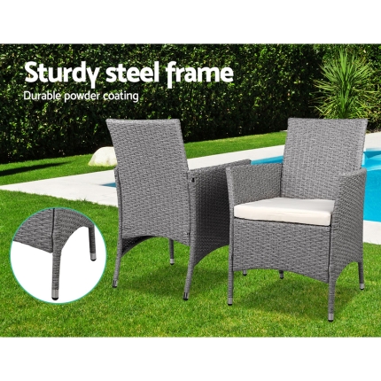 3 Piece Wicker Outdoor Chair Side Table Furniture Set - Grey - Image 3