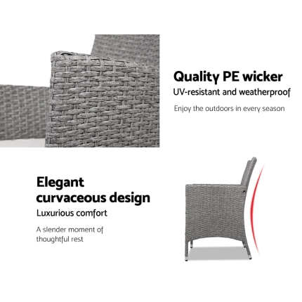 3 Piece Wicker Outdoor Chair Side Table Furniture Set - Grey - Image 4